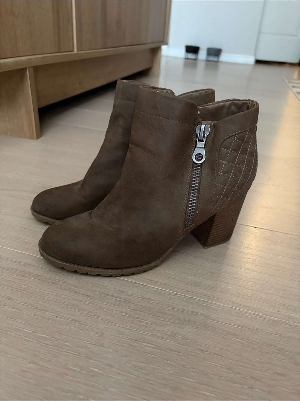 Indigo Brown Suede Quilted Ankle Booties with Side Zip